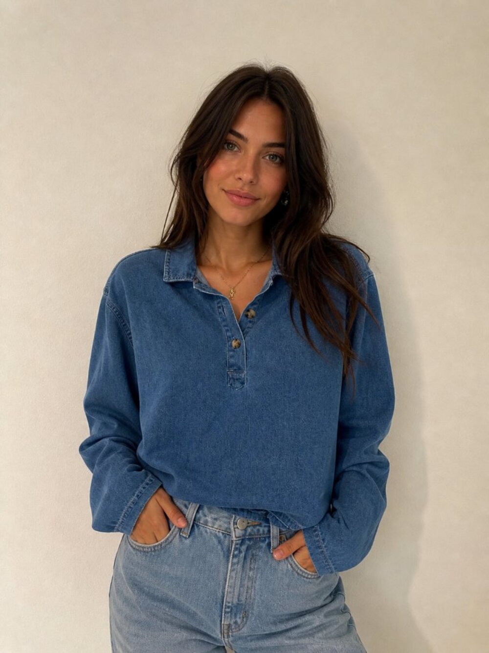 Quince Blue Denim 100% Cotton Pullover  Size Medium